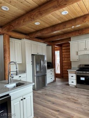 Interior, Kitchen, Recessed Lighting, Stainless Steel Appliances, Wooden Beams, Wooden Ceilings, Wood Texture Flooring
