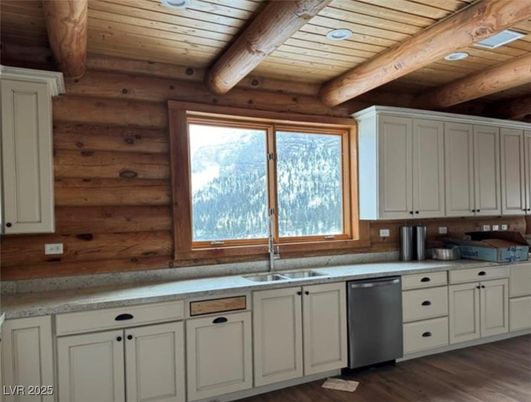 Interior, Kitchen, Recessed Lighting, Stainless Steel Appliances, Wooden Beams, Wooden Ceilings, Wood Texture Flooring, Wooden Walls