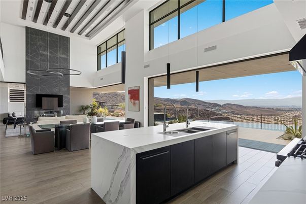 Dining room, Fireplace, Interior, Kitchen, Pendant Lights, Wood Texture Flooring