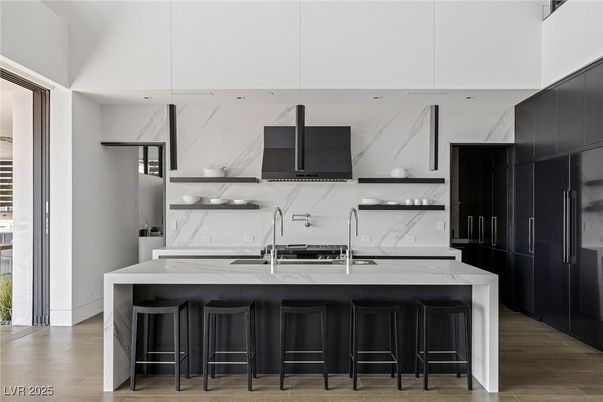 Interior, Kitchen, Marble Walls, Pendant Lights, Wood Texture Flooring
