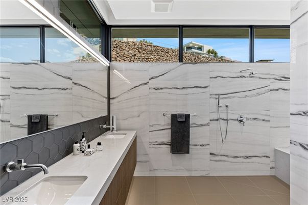 Bathroom, Dual Sink Vanities, Glass Shower, Interior, Marble Walls