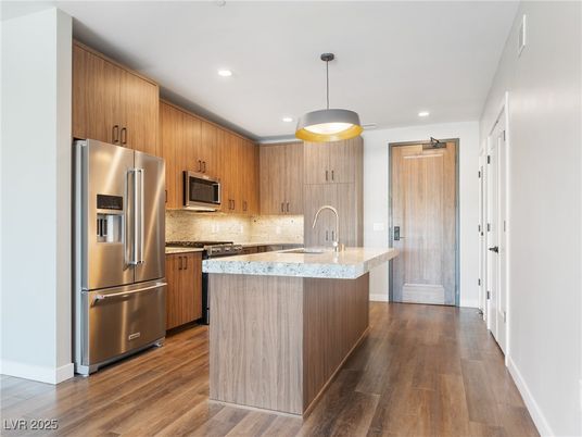 Interior, Kitchen, Pendant Lights, Recessed Lighting, Stainless Steel Appliances, Wood Texture Flooring