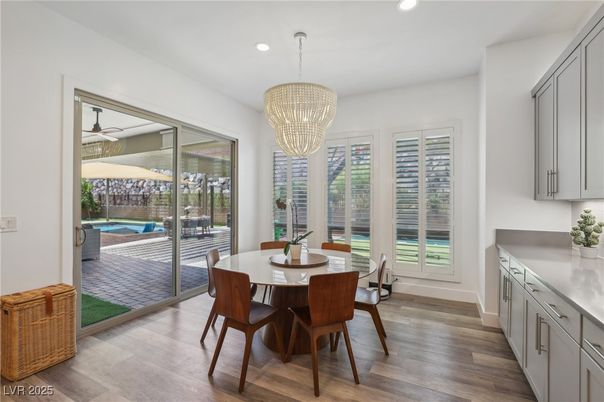 Chandelier, Dining room, Interior, Recessed Lighting, Wood Texture Flooring