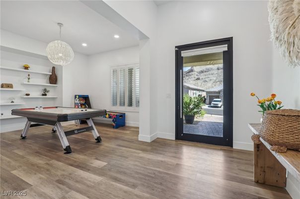 Billiard Table, Game Room, Interior, Pendant Lights, Recessed Lighting, Wood Texture Flooring