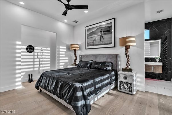 Bedroom, Interior, Recessed Lighting, Wood Texture Flooring