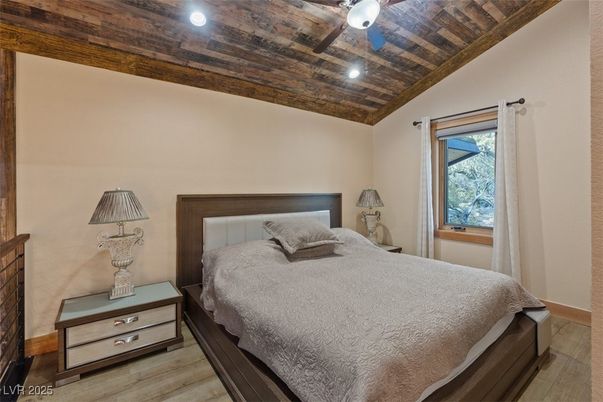 Bedroom, Interior, Recessed Lighting, Wooden Ceilings, Wood Texture Flooring