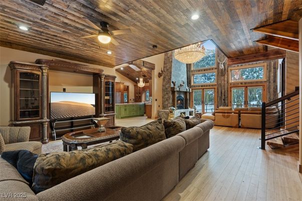 Chandelier, Fireplace, Interior, Living room, Recessed Lighting, Wooden Beams, Wooden Ceilings, Wood Texture Flooring, Wooden Walls