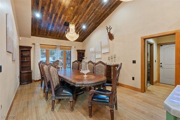 Chandelier, Dining room, Interior, Recessed Lighting, Wooden Ceilings, Wood Texture Flooring