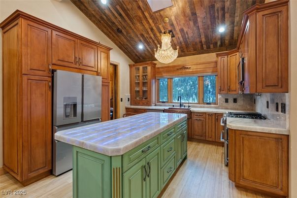 Chandelier, Interior, Kitchen, Recessed Lighting, Stainless Steel Appliances, Wooden Ceilings, Wood Texture Flooring