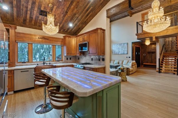 Chandelier, Interior, Kitchen, Living room, Recessed Lighting, Stainless Steel Appliances, Wooden Beams, Wooden Ceilings, Wood Texture Flooring
