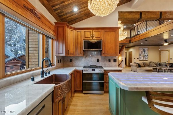 Chandelier, Interior, Kitchen, Living room, Recessed Lighting, Stainless Steel Appliances, Wooden Ceilings, Wood Texture Flooring