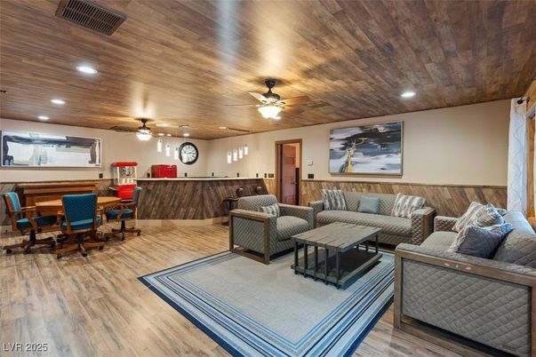 Dining room, Interior, Living room, Recessed Lighting, Wooden Ceilings, Wood Texture Flooring