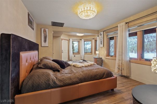 Bedroom, Chandelier, Interior, Wood Texture Flooring