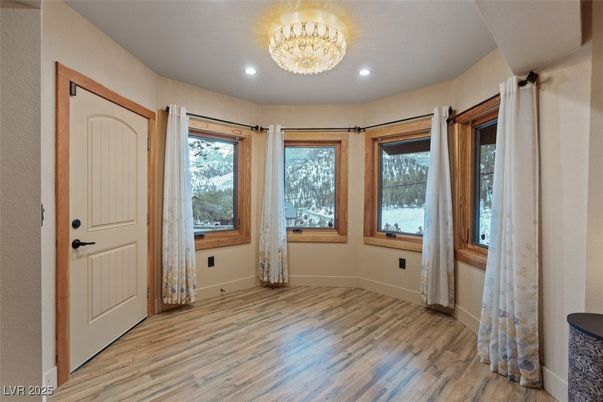 Chandelier, Empty room, Interior, Recessed Lighting, Wood Texture Flooring