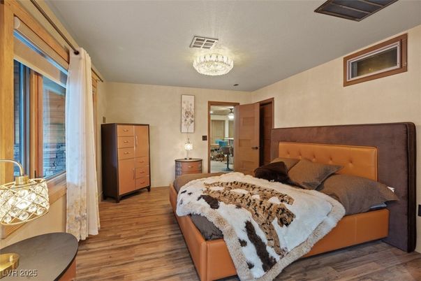 Bedroom, Chandelier, Interior, Wood Texture Flooring