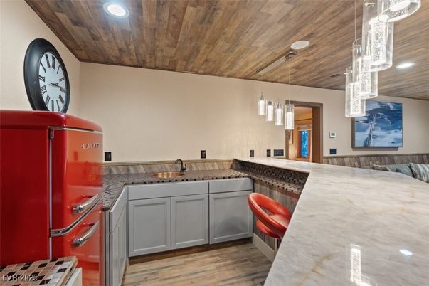 Interior, Kitchen, Pendant Lights, Recessed Lighting, Wooden Ceilings, Wood Texture Flooring