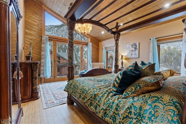Bedroom, Chandelier, Interior, Recessed Lighting, Wooden Beams, Wooden Ceilings, Wood Texture Flooring, Wooden Walls