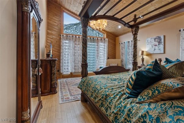 Bedroom, Chandelier, Interior, Wooden Ceilings, Wood Texture Flooring, Wooden Walls