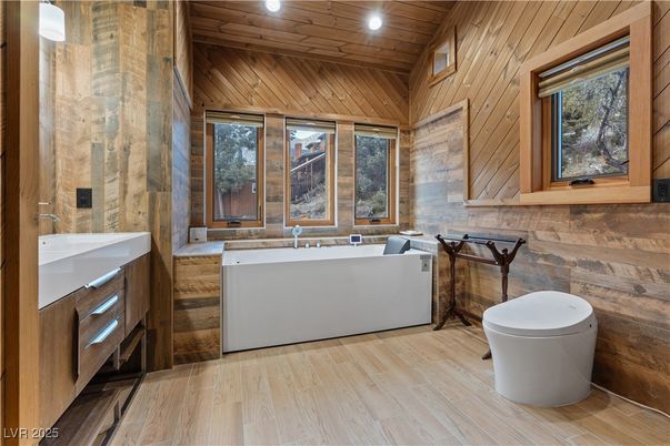 Bathroom, Interior, Recessed Lighting, Wooden Ceilings, Wood Texture Flooring, Wooden Walls