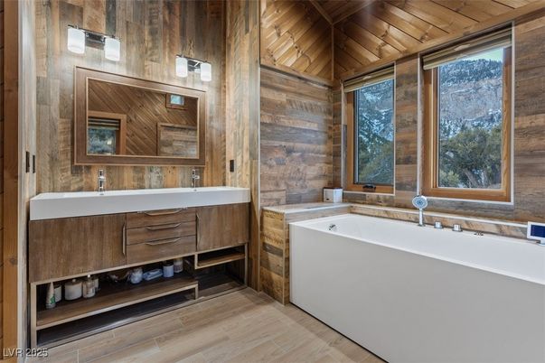 Bathroom, Dual Sink Vanities, Interior, Wooden Ceilings, Wood Texture Flooring, Wooden Walls