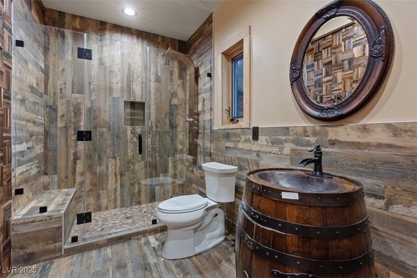 Bathroom, Glass Shower, Interior, Recessed Lighting, Wood Texture Flooring