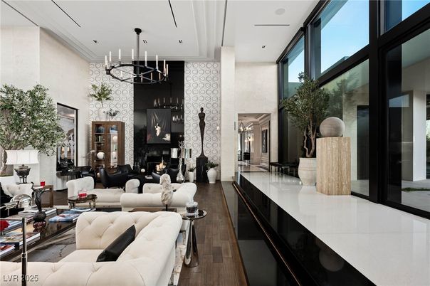 Chandelier, Fireplace, Interior, Living room, Pendant Lights, Recessed Lighting, Wood Texture Flooring