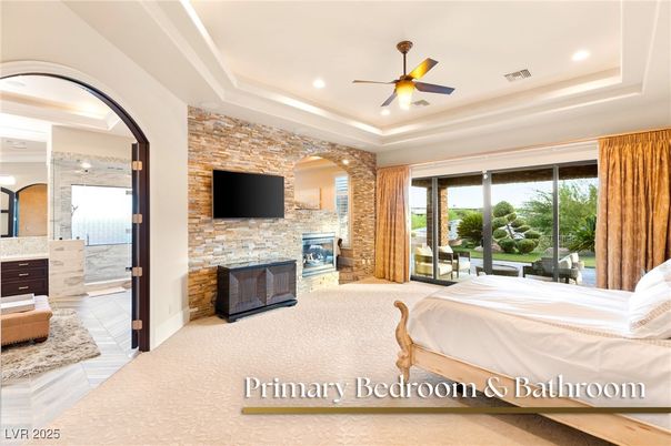 Bedroom, Fireplace, Interior, Recessed Lighting, Stone Walls