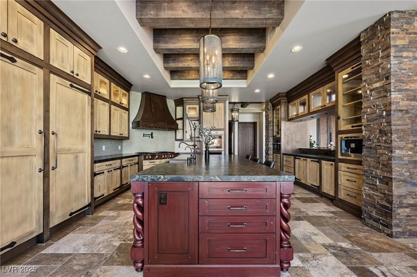 Interior, Kitchen, Pendant Lights, Recessed Lighting, Stainless Steel Appliances, Stone Walls, Wooden Beams, Wooden Ceilings
