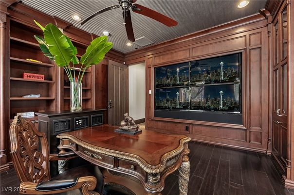 Home Office, Interior, Recessed Lighting, Wood Texture Flooring, Wooden Walls