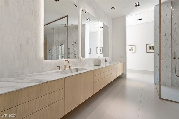 Bathroom, Dual Sink Vanities, Glass Shower, Interior, Marble, Marble Walls, Recessed Lighting