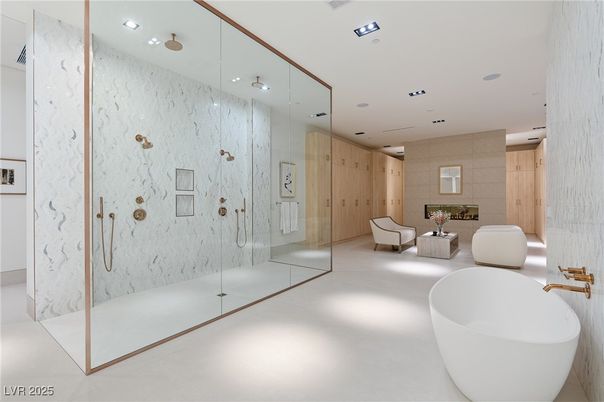 Bathroom, Free Standing Baths, Glass Shower, Interior, Marble Walls, Recessed Lighting