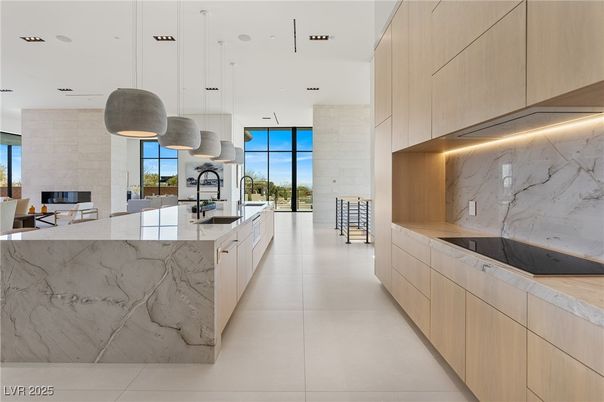 Interior, Kitchen, Marble Walls, Pendant Lights, Recessed Lighting