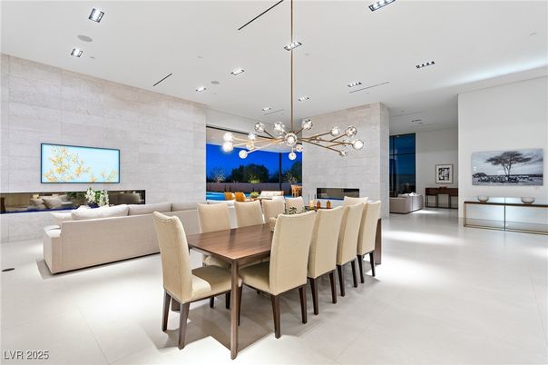 Dining room, Fireplace, Interior, Living room, Pendant Lights, Recessed Lighting, Stone Walls