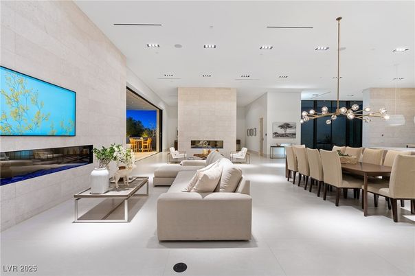 Dining room, Fireplace, Interior, Living room, Pendant Lights, Recessed Lighting, Stone Walls