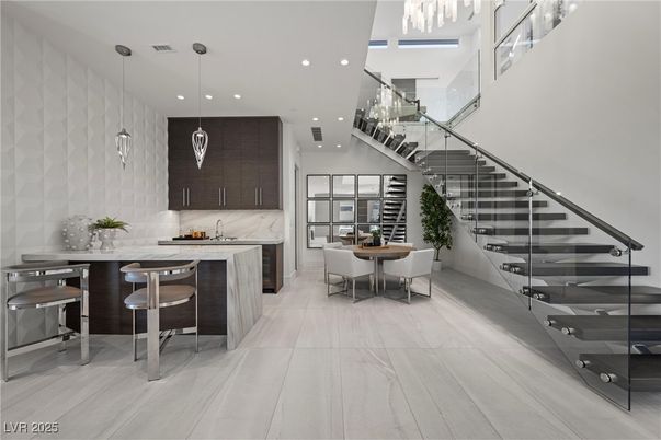 Dining room, Interior, Kitchen, Marble, Marble Walls, Pendant Lights, Recessed Lighting