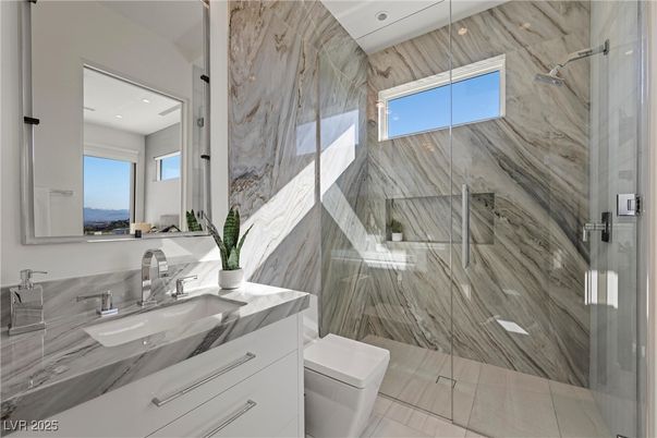 Bathroom, Glass Shower, Interior, Marble Walls, Recessed Lighting