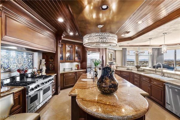 Chandelier, Interior, Kitchen, Pendant Lights, Recessed Lighting, Stainless Steel Appliances, Wooden Ceilings