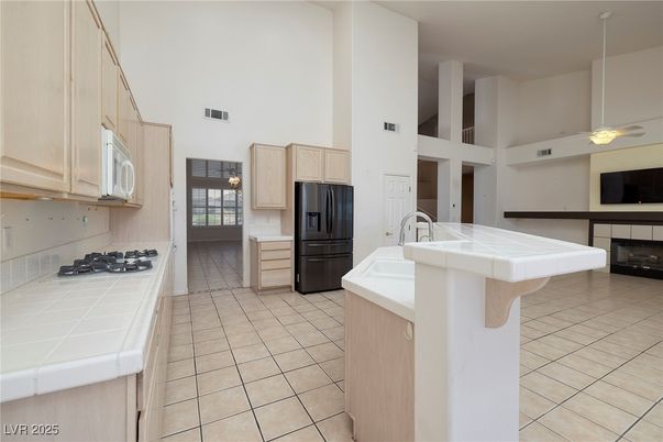 Fireplace, Interior, Kitchen, Tile Countertops
