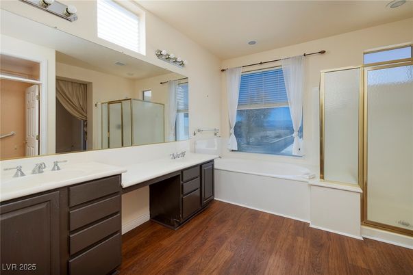 Bathroom, Dual Sink Vanities, Glass Shower, Interior, Wood Texture Flooring