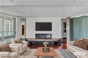 Fireplace, Interior, Living room, Recessed Lighting, Wood Texture Flooring