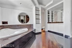 Bathroom, Dual Sink Vanities, Interior, Recessed Lighting, Wood Texture Flooring