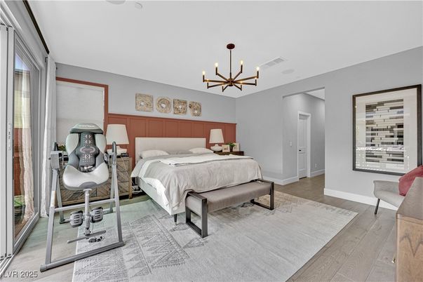 Bedroom, Interior, Pendant Lights, Wood Texture Flooring