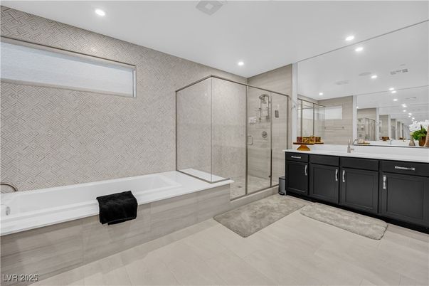Bathroom, Dual Sink Vanities, Glass Shower, Interior, Recessed Lighting