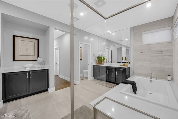 Bathroom, Dual Sink Vanities, Glass Shower, Interior, Recessed Lighting