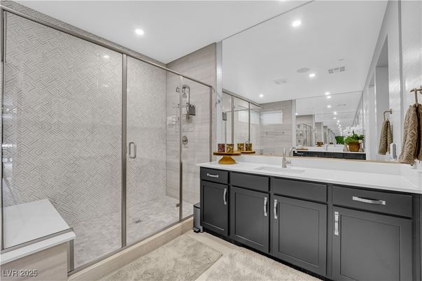 Bathroom, Dual Sink Vanities, Glass Shower, Interior, Recessed Lighting
