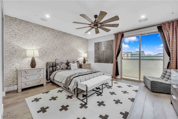 Bedroom, Interior, Recessed Lighting, Stone Walls, Wood Texture Flooring
