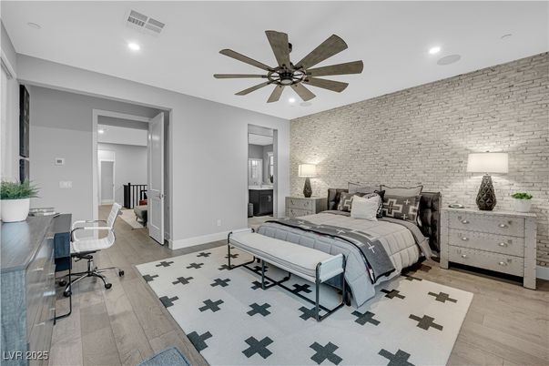 Bedroom, Home Office, Interior, Recessed Lighting, Stone Walls, Wood Texture Flooring