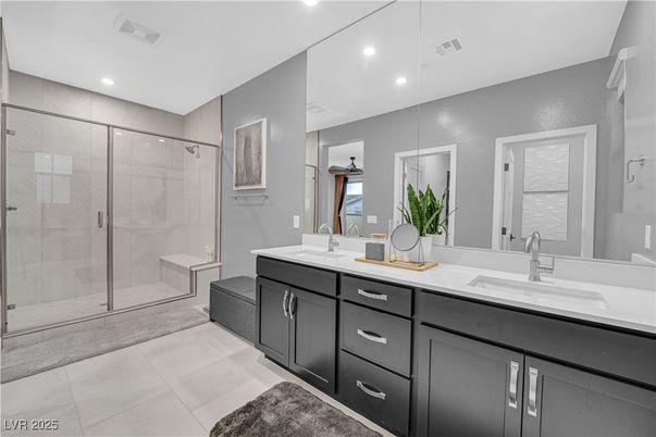 Bathroom, Dual Sink Vanities, Glass Shower, Interior, Recessed Lighting
