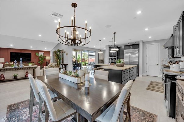 Chandelier, Dining room, Interior, Kitchen, Living room, Pendant Lights, Recessed Lighting, Stainless Steel Appliances