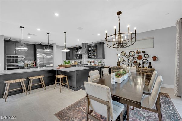 Chandelier, Dining room, Interior, Kitchen, Pendant Lights, Recessed Lighting, Stainless Steel Appliances